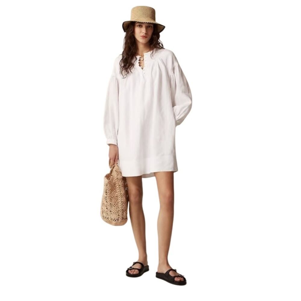 J. CREW Gathered popover dress in linen White Size L NWT